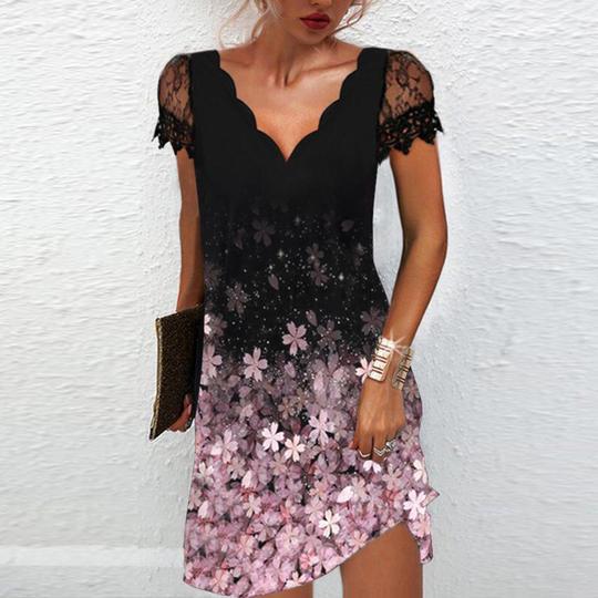 Stilla | Trendy Print Bølge V-hals Blonde Kortærmet Kjole