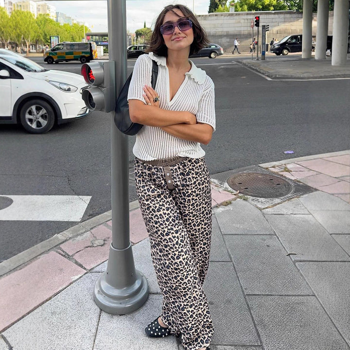 Dame vidde komfortbukser med moderne leopardmønster Skovae