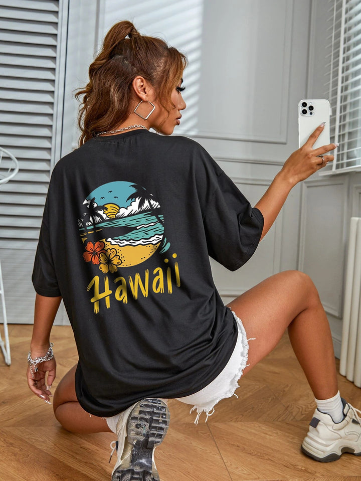 Dame afslappet T-shirt med tropisk Hawaii-motiv Stilla