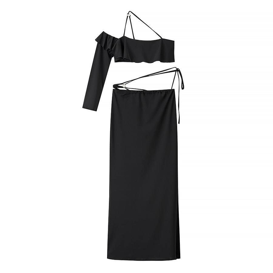 Femme Off-Shoulder Ruffle To-delt Maxi Kjole Sæt Stilla