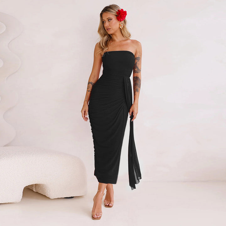 Dame Elegant Strapless Maxi Kjole med Sidelæns Rynkning Stilla