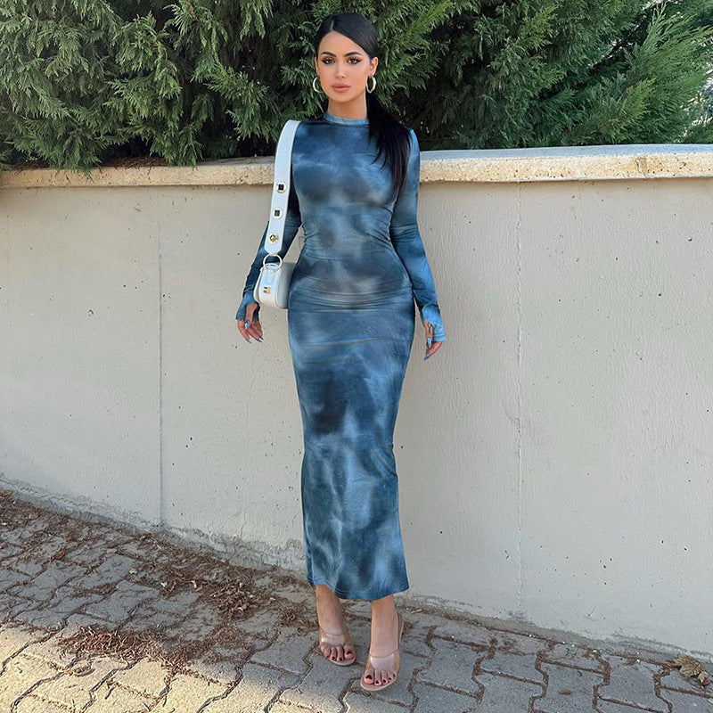 Dame Bodycon Langærmet Midi Kjole med Kunstnerisk Tryk Stilla