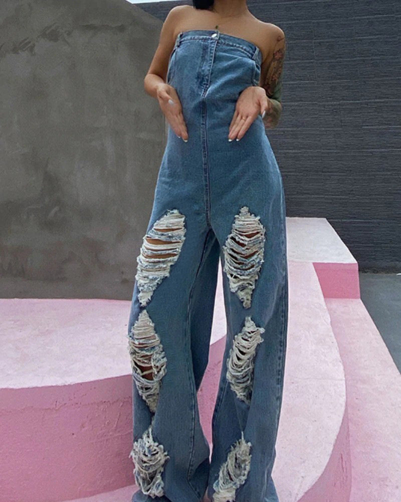 Femme Strapless Distressed Denim Overall Stilla