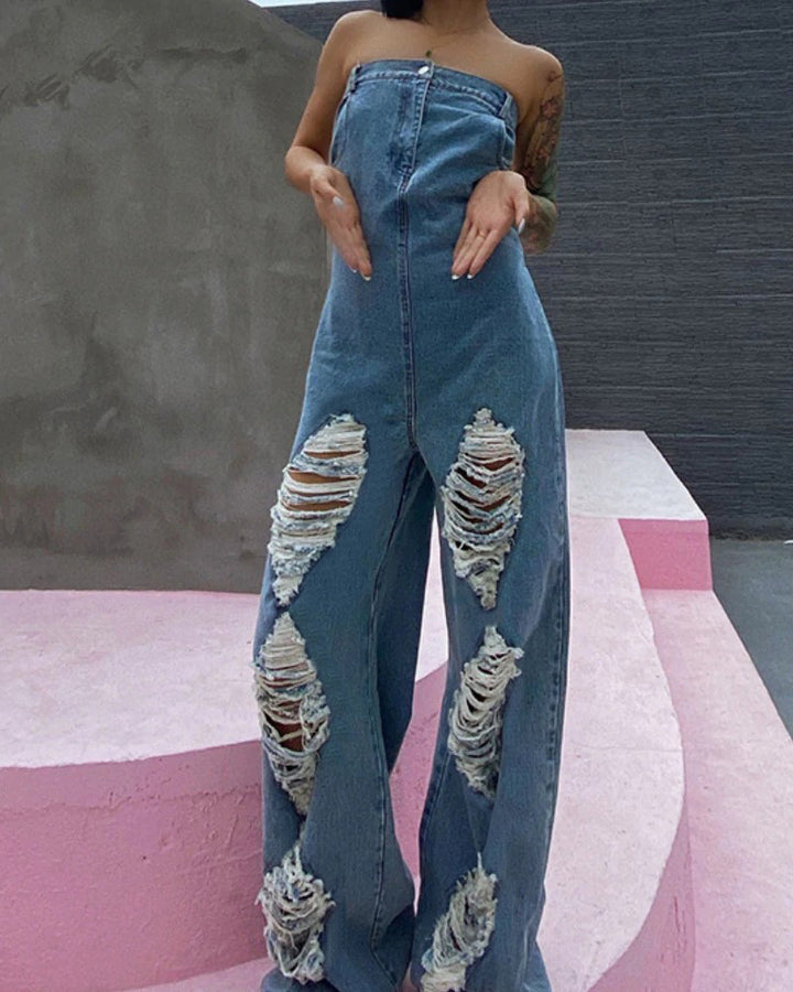 Femme Strapless Distressed Denim Overall Stilla