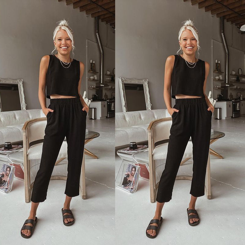 Dame To-delt Sæt bestående af Crop-Top og løse Bukser med elastisk Linning Stiila