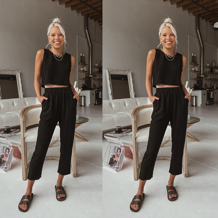 Dame To-delt Sæt bestående af Crop-Top og løse Bukser med elastisk Linning Stiila