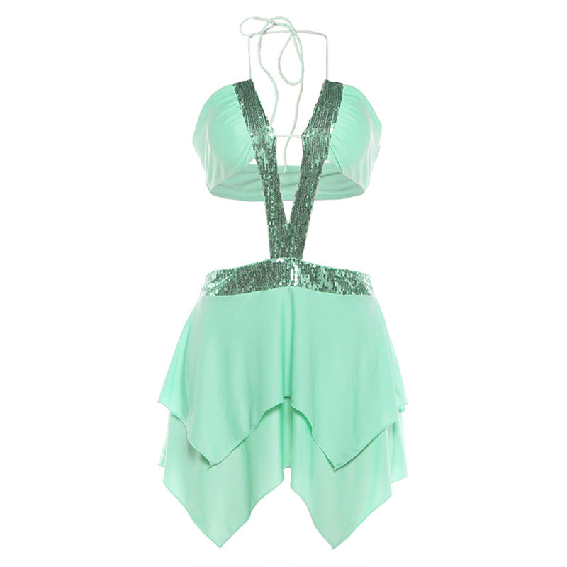 Dame off-shoulder kjole med glitrende pailletter og svingende nederdel Skovae