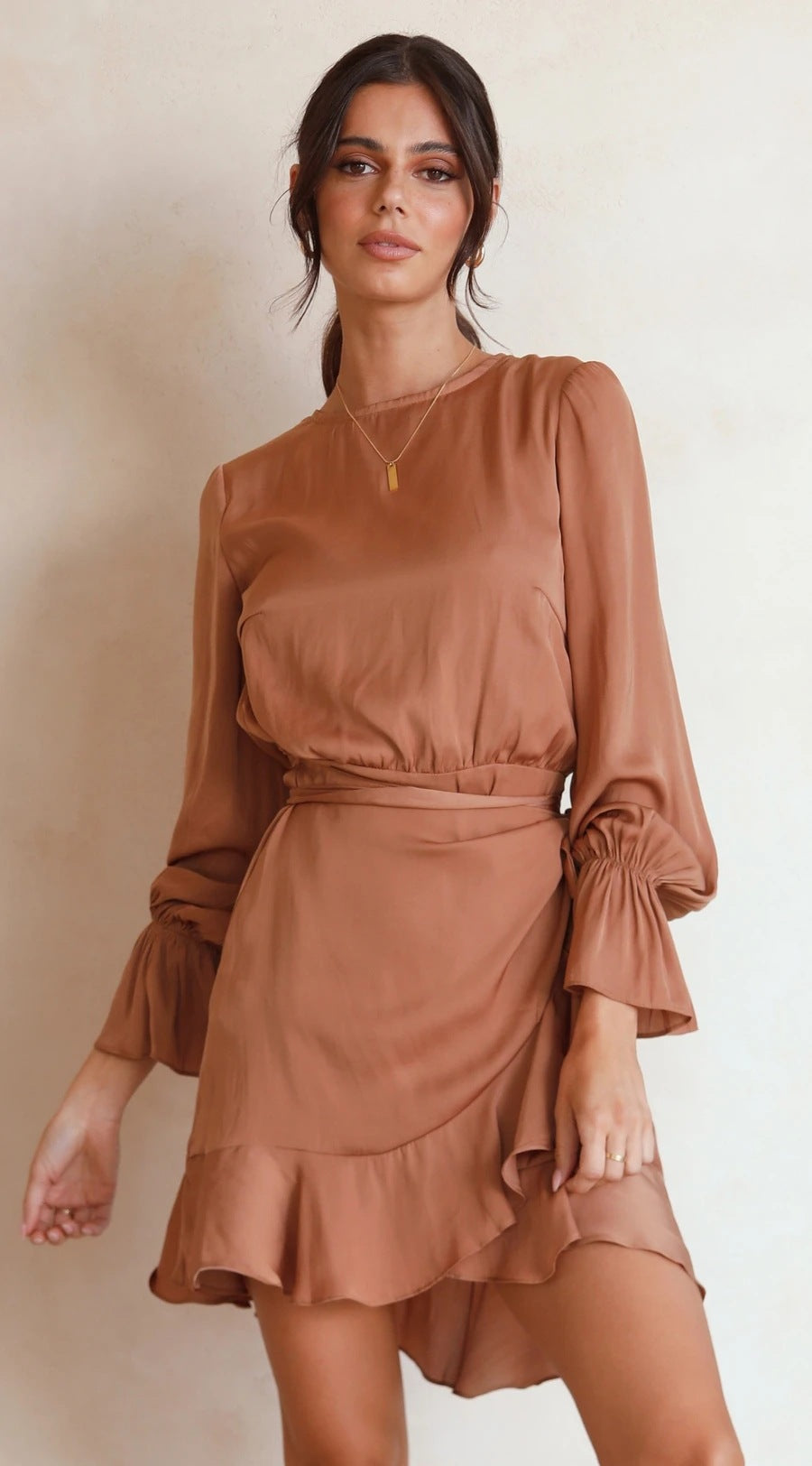 Women's wrap dress with swinging ruffle sleeves and elegant waist tie Skovae