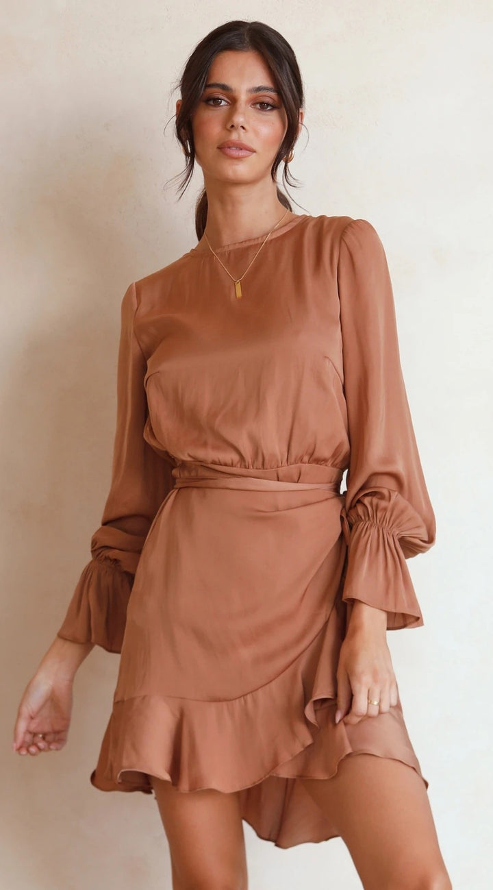 Women's wrap dress with swinging ruffle sleeves and elegant waist tie Skovae