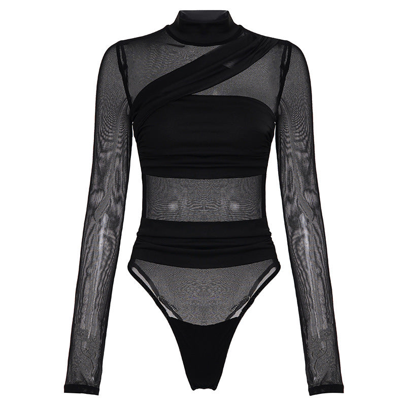 Dame Langærmet Bodystocking med transparent tyl-design og elegant snit Skovae