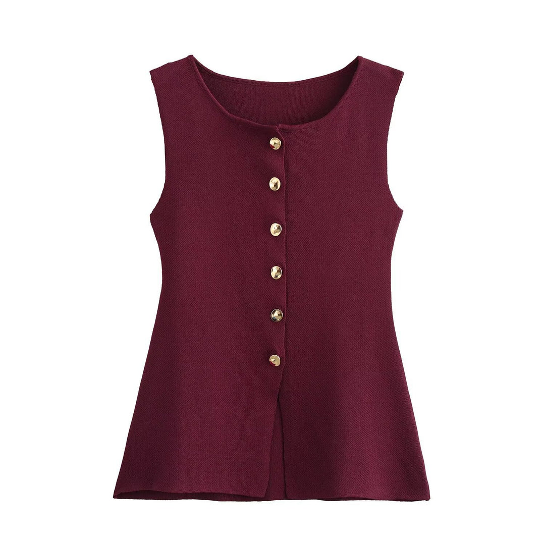 Femme Ribbet Strik Knap-Op Tank Top Stilla