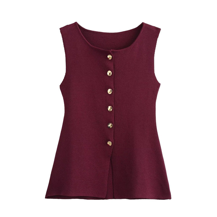 Femme Ribbet Strik Knap-Op Tank Top Stilla