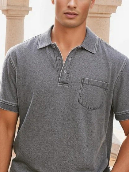 Herrers poloshirt med knaplukning og fint denim-look Stilla