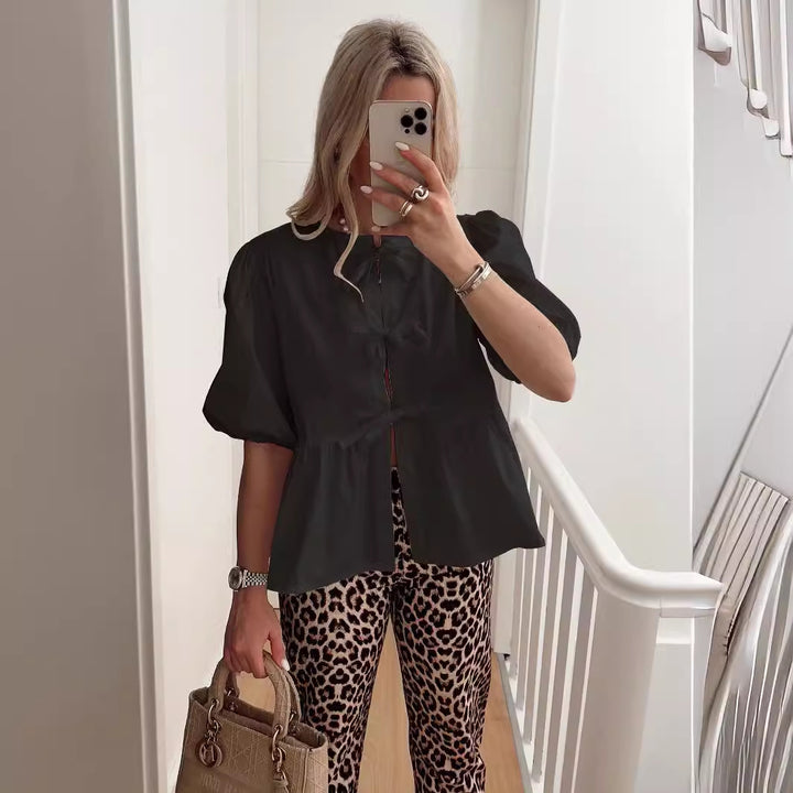 Dame Puffærmet Bluse med Sløjfe-detaljer og voluminøs Snit Stilla