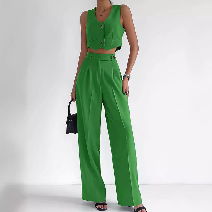 Dame Fashionable To-del-set med figursyet overdel og elegante, brede bukser Stilla