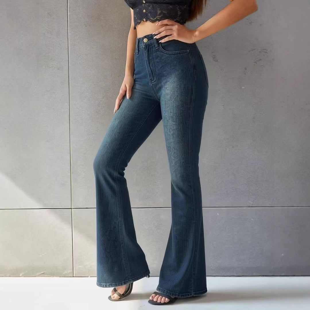 Dame Flared Jeans med høj talje og unikt strukturdesign Skovae