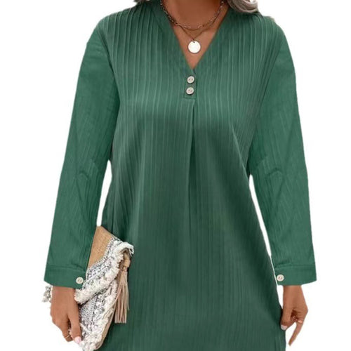 Damer V-hals Bluse med Fine Striber og Knap Detaljer Stilla