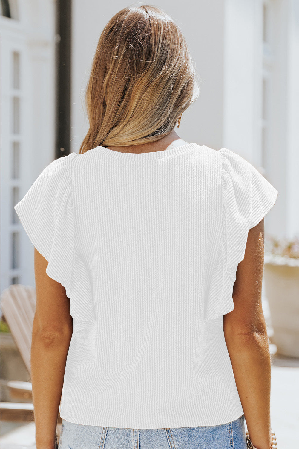 Stilla | Crew Neck Ruffle Kort Ærme Solid Løs Bluse
