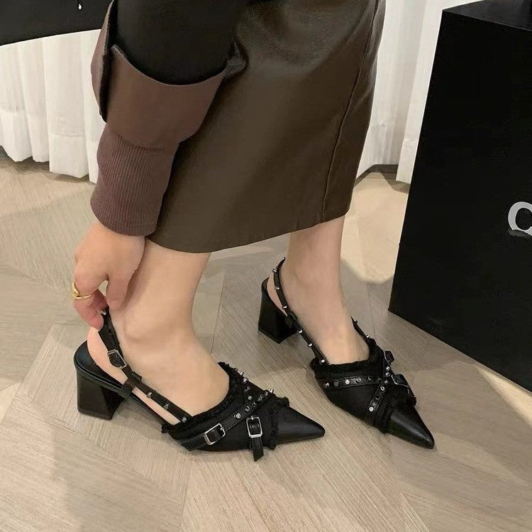 Dame Elegant Spidsed Tå Slingback Pumps med Blokhæl Stilla