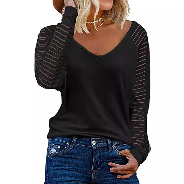 Dame V-hals top med transparente stribearm Stilla