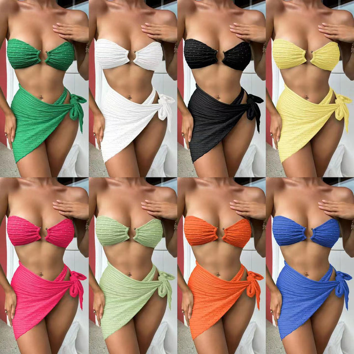 Dame bandeau bikini sæt med justerbar omslag nederdel og innovativ ringdetalje Stilla
