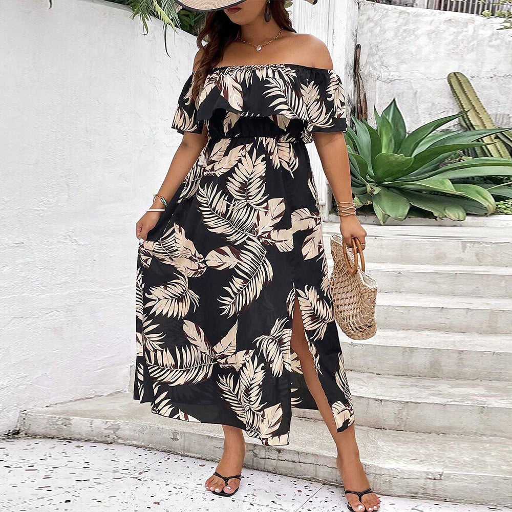 Dame Off-Shoulder Maxikjole med raffinerede flæser og sidelæg Skovae