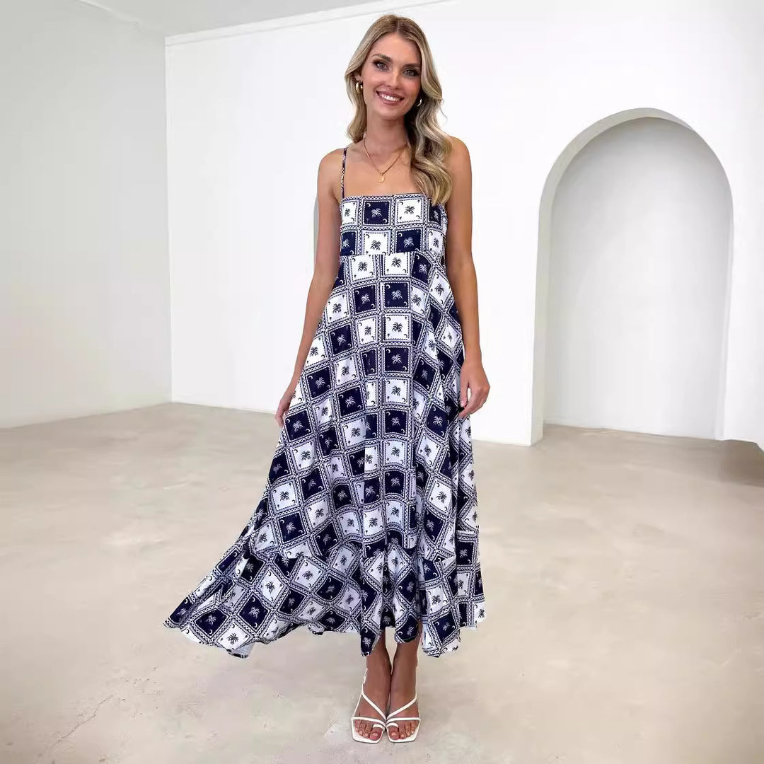 Kvindernes Bohemian Maxi Kjole med Legesyg Print og Luftig Silhouette