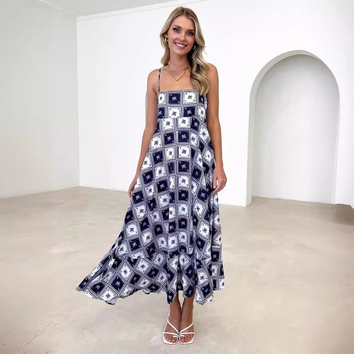 Kvindernes Bohemian Maxi Kjole med Legesyg Print og Luftig Silhouette