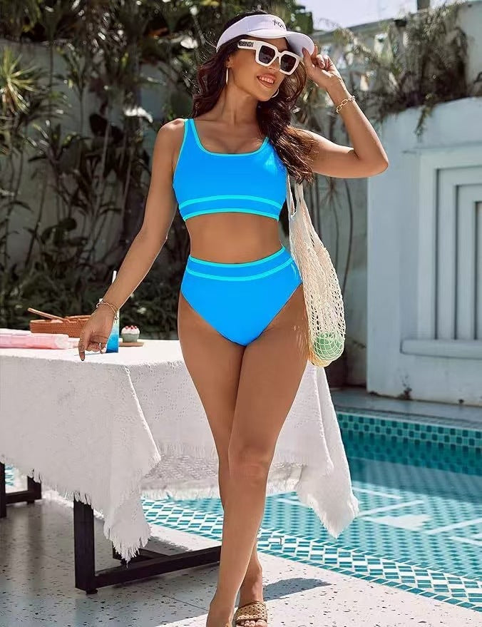 Dame Højtalje-Bikini-Sæt med brede stropper og sporty design Stilla