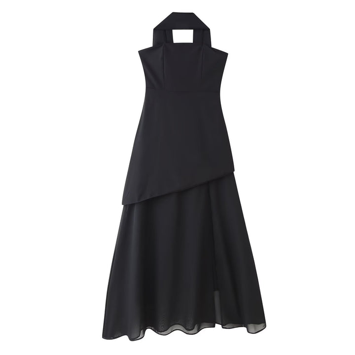 Femme Elegantes Halterneck Maxi Kjole med Draperet Asymmetrisk Kant Stilla