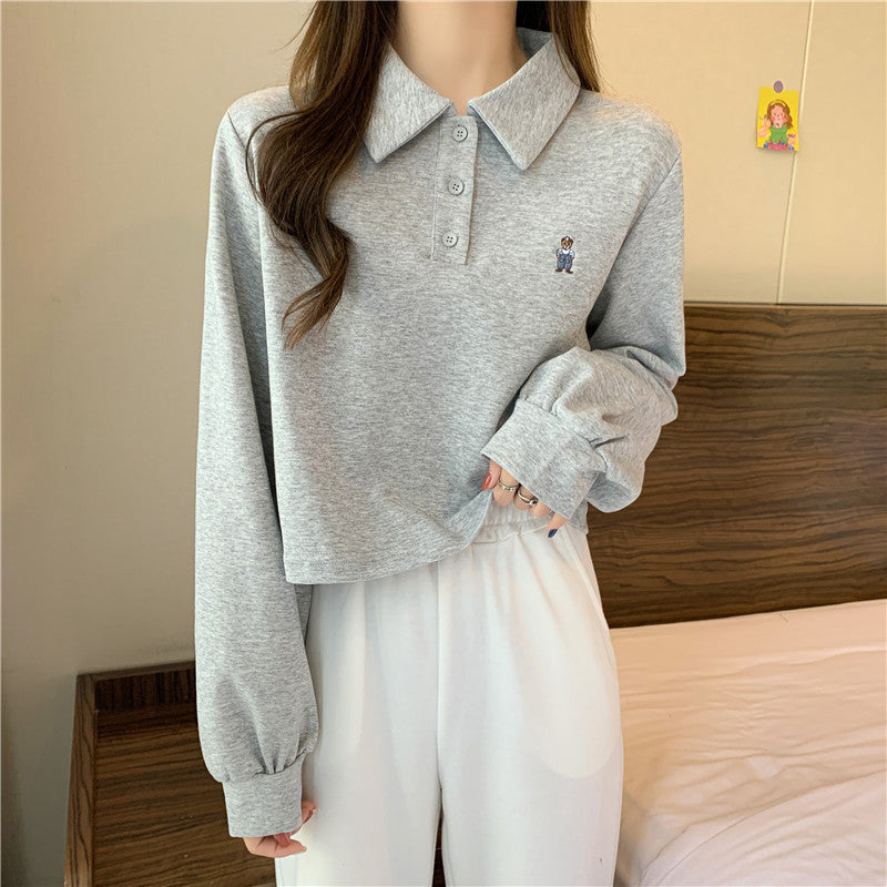 Dame Cropped Langærmet Polo-Top med unik broderi Stilla