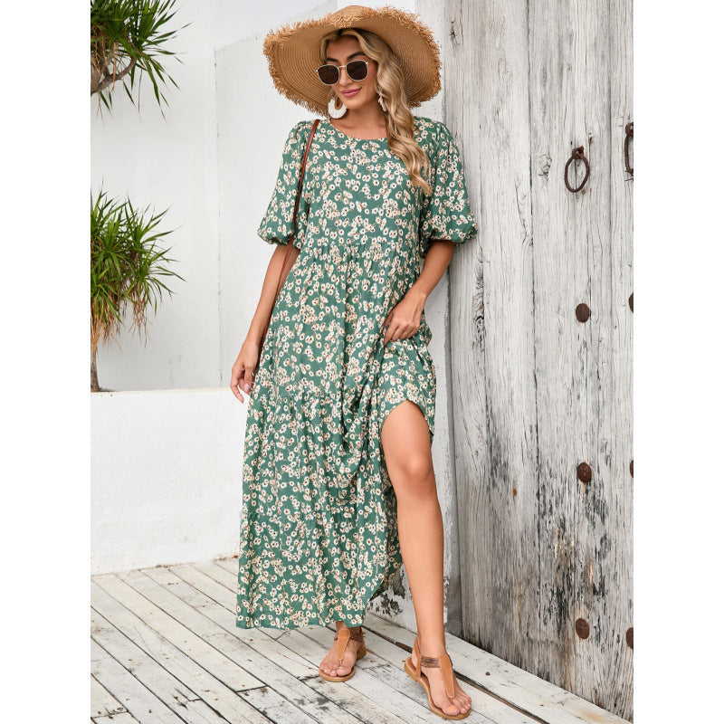 Dame Floral Maxi Kjole med Puffærmer og Lagdelt Skørt Stilla