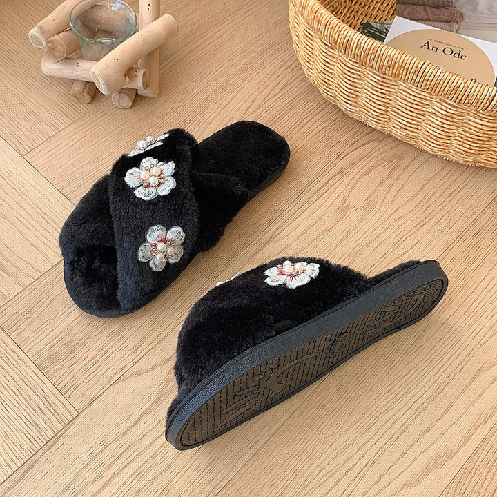 Dame Fluffy Pantoletten med sarte Blomsterapplikationer og behagelig Fodbed Stilla