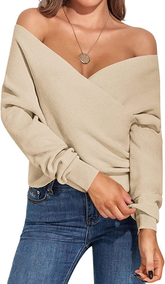 Dame Off-Shoulder Strikketrøje med Wickeldesign Stilla
