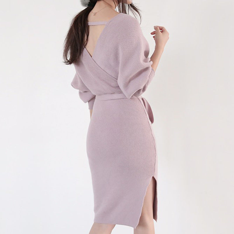 Femme V-hals-strik-midi-kjole Stilla