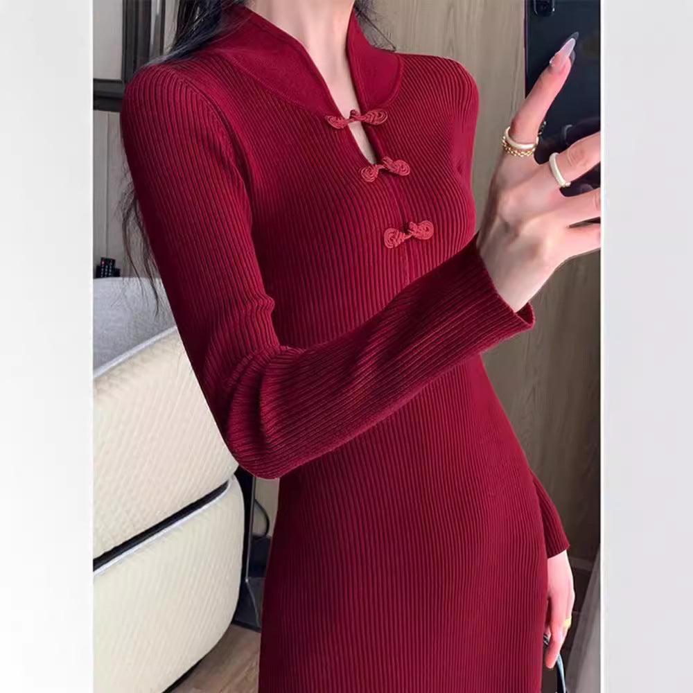 Femme Elegante Lange Ripp Maxi-Kjole med unik knaplukning Stilla