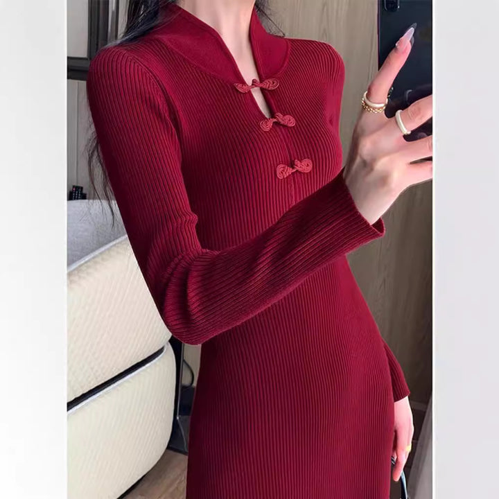 Femme Elegante Lange Ripp Maxi-Kjole med unik knaplukning Stilla