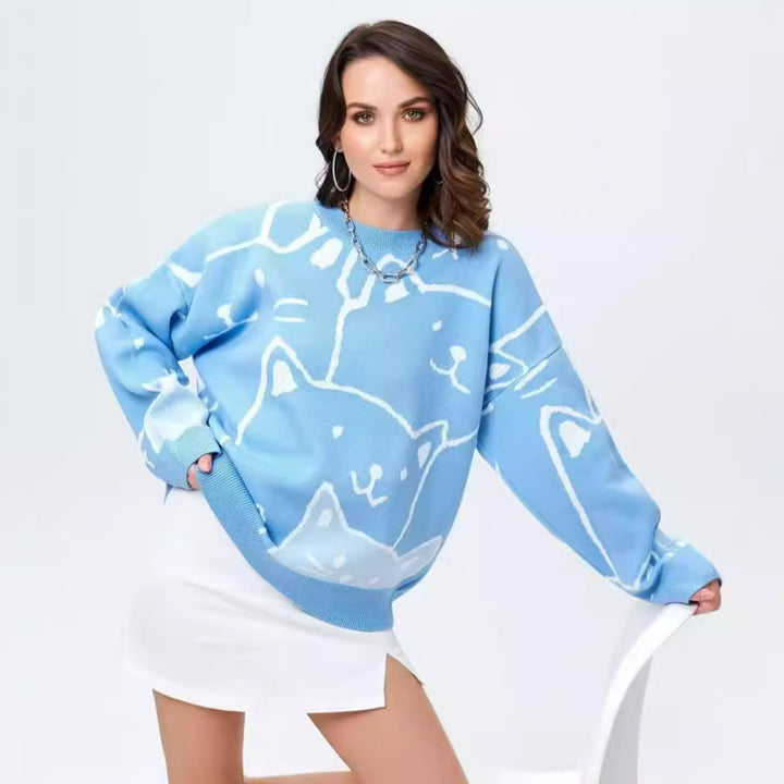 Dame afslappet striktrøje med moderne katte-design og oversized pasform Stilla