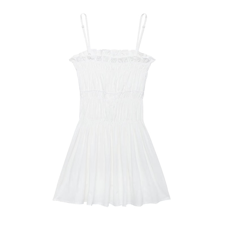 Femme Gestufte Smocked Mini Kjole med justerbare Spaghetti-stropper Stilla