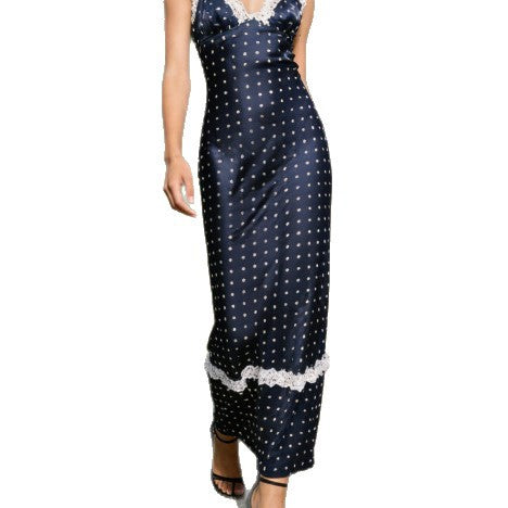 Dame Satin Nattøj med Spidsapplikationer og Polka-Dots Skovae
