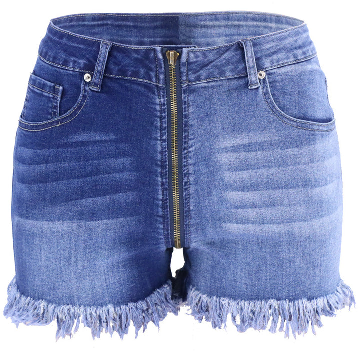 Dame Jeans-shorts med frynset kant og asymmetrisk lynlås Stilla