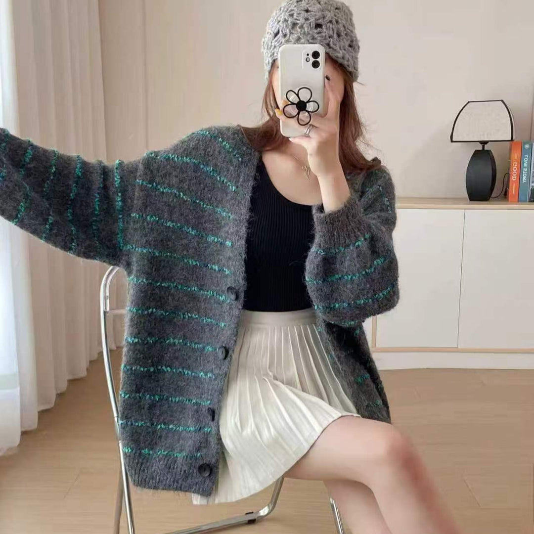 Kvinders chunky strik cardigan med kontrasterende striber og bløde ærmer Stilla