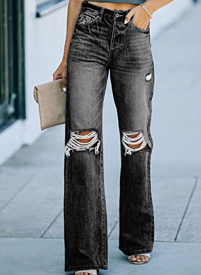 Dame brede jeans i destroyed-stil med høje lommer og autentiske detaljer Stilla