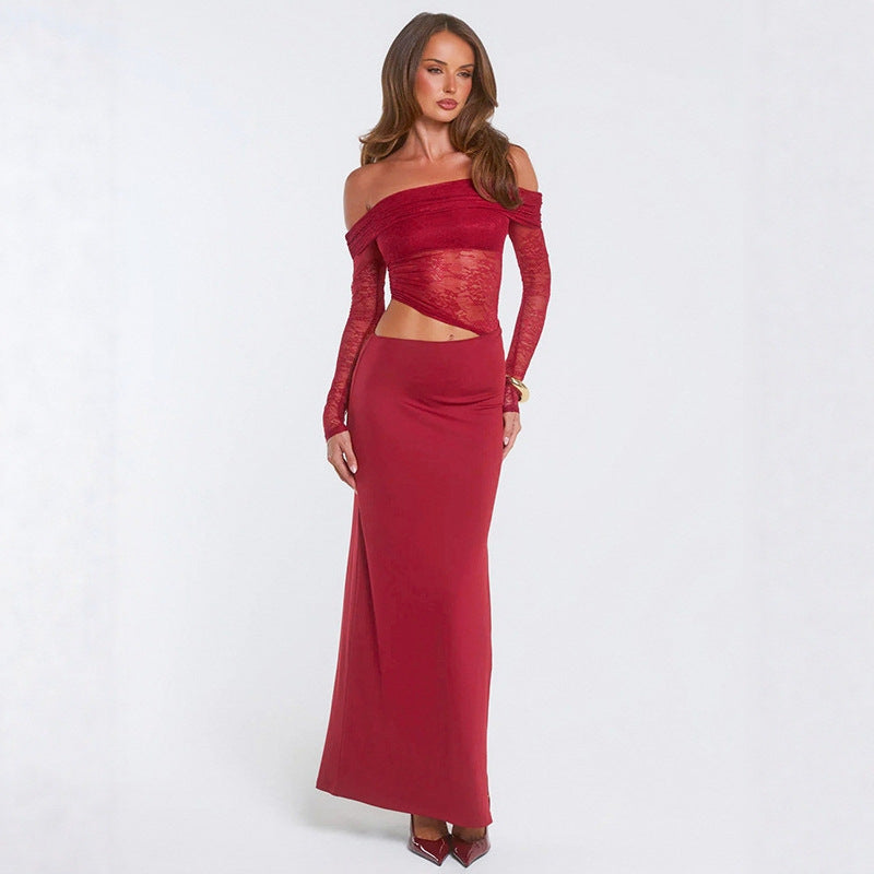 Dame elegant off-shoulder maxikjole med asymmetrisk snit og gennemsigtig spids Skovae
