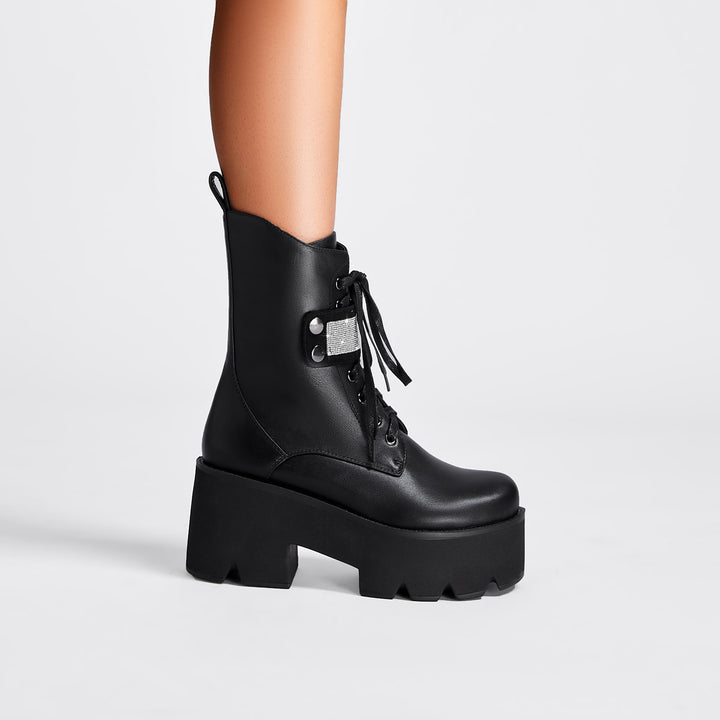 Femme Chunky Platform Snørebånd Kamp Støvler med Strass Accent Stilla
