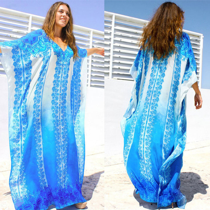 Dame Maxi-Kaftan med kunstnerisk blomsterdesign og elegant V-udskæring Stilla