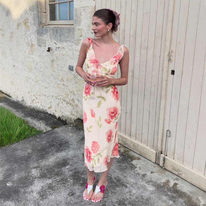 Dame maxikjole med blomsterdesign og spaghetti-stropper Skovae