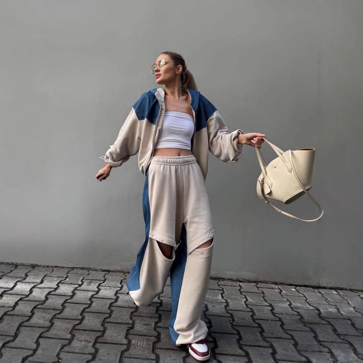 Kvinders afslappede oversized tracksuit med trendy udsnit og stræk taljeelbånd