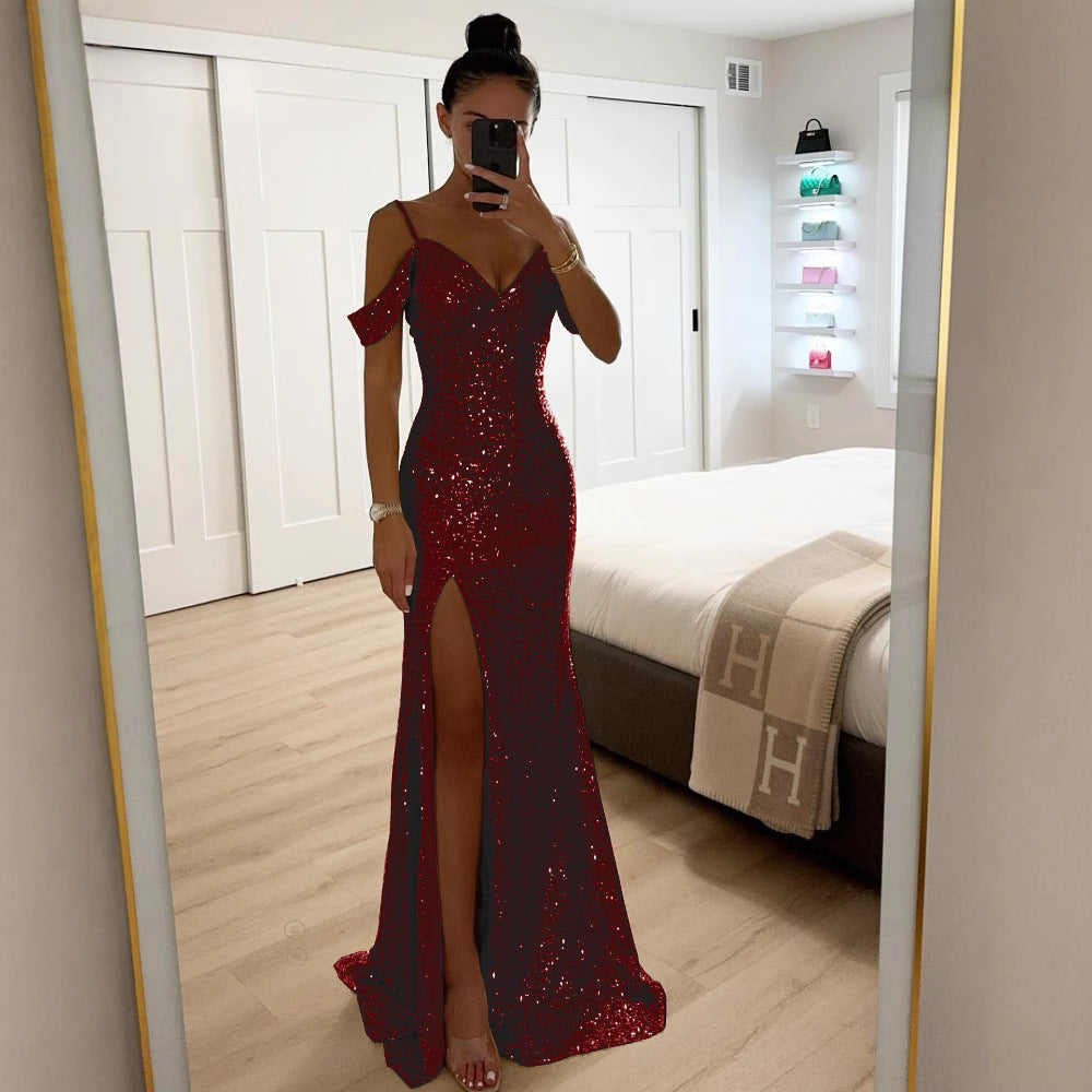 Dame Glamourøst Aftenkjole med glitrende Pailletdetaljer og elegant Slids Stiila