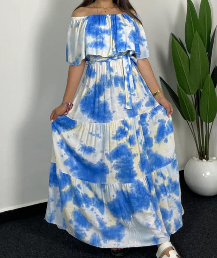 Dame maxikjole i afslappet boho-stil med off-shoulder-udskæring og bindebælte Stilla